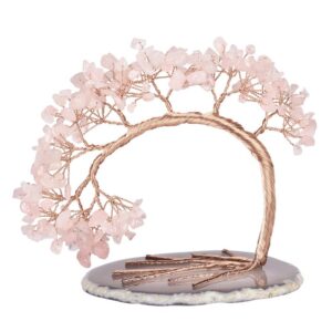 sumgiftforall handmade natural crystal quartz tree tumbles stone bonsai money tree on geode agate base feng shui home office desk decoration for health and luck, rose quartz
