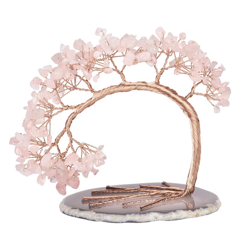 Sumgiftforall Handmade Natural Crystal Quartz Tree Tumbles Stone Bonsai Money Tree on Geode Agate Base Feng Shui Home Office Desk Decoration for Health and Luck, Rose Quartz