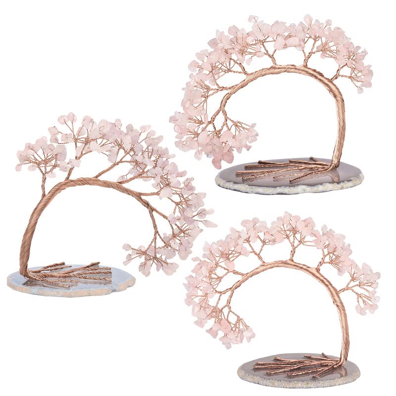 Sumgiftforall Handmade Natural Crystal Quartz Tree Tumbles Stone Bonsai Money Tree on Geode Agate Base Feng Shui Home Office Desk Decoration for Health and Luck, Rose Quartz