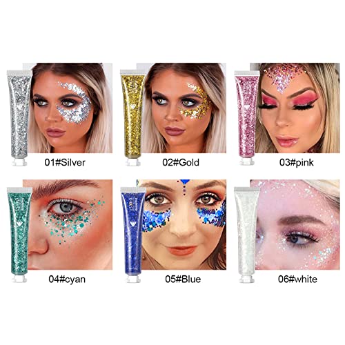 6 Pack Body Glitter Gel Face Glitter for Body, Face, Eye, Hair, Nails Glitter Makeup Liquid Long Lasting Sparkling Mermaid Chunky Glitter Gel for Festival Art Party Halloween (6 Color Sets)