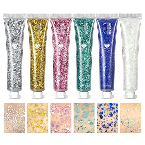 6 Pack Body Glitter Gel Face Glitter for Body, Face, Eye, Hair, Nails Glitter Makeup Liquid Long Lasting Sparkling Mermaid Chunky Glitter Gel for Festival Art Party Halloween (6 Color Sets)