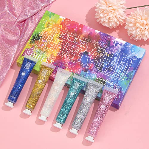 6 Pack Body Glitter Gel Face Glitter for Body, Face, Eye, Hair, Nails Glitter Makeup Liquid Long Lasting Sparkling Mermaid Chunky Glitter Gel for Festival Art Party Halloween (6 Color Sets)