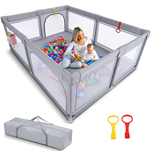 Baby Playpen Extra Large 79'' x 59'' Playpens for Babies and Toddlers, Sailnovo Extra Large Baby Play Pen Play Yard for Baby, Kids Activity Center with Anti-Slip Sucker and Handlers*2(Grey)