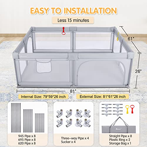 Baby Playpen Extra Large 79'' x 59'' Playpens for Babies and Toddlers, Sailnovo Extra Large Baby Play Pen Play Yard for Baby, Kids Activity Center with Anti-Slip Sucker and Handlers*2(Grey)