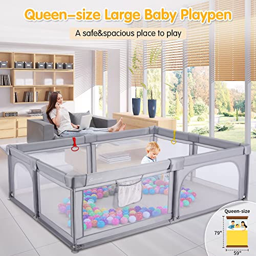 Baby Playpen Extra Large 79'' x 59'' Playpens for Babies and Toddlers, Sailnovo Extra Large Baby Play Pen Play Yard for Baby, Kids Activity Center with Anti-Slip Sucker and Handlers*2(Grey)