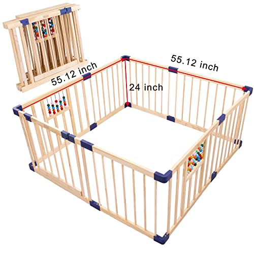 Baby Playpen,Wood Playpen for Babies & Toddlers,Baby Playard Indoor & Outdoor,Kids Activity Center with Anti-Slip Base,Safty Play Space Activity Center with Door Gate,Wood Kid's Fence