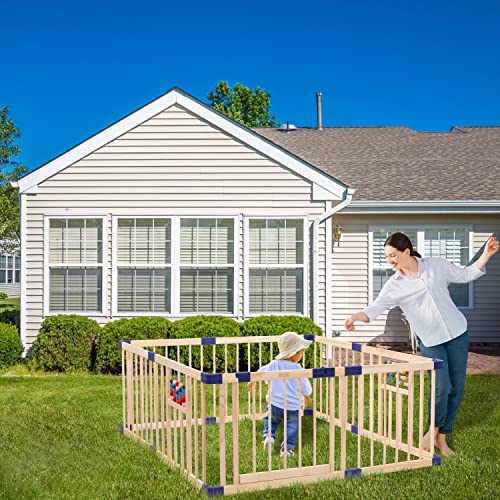 Baby Playpen,Wood Playpen for Babies & Toddlers,Baby Playard Indoor & Outdoor,Kids Activity Center with Anti-Slip Base,Safty Play Space Activity Center with Door Gate,Wood Kid's Fence
