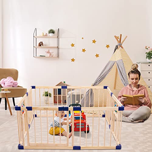 Baby Playpen,Wood Playpen for Babies & Toddlers,Baby Playard Indoor & Outdoor,Kids Activity Center with Anti-Slip Base,Safty Play Space Activity Center with Door Gate,Wood Kid's Fence