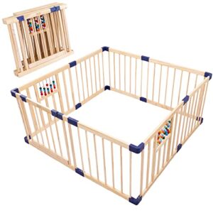 Baby Playpen,Wood Playpen for Babies & Toddlers,Baby Playard Indoor & Outdoor,Kids Activity Center with Anti-Slip Base,Safty Play Space Activity Center with Door Gate,Wood Kid's Fence