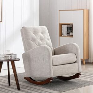 rocking chair modern,upholstered glider rocker chair for nursery,comfy armchair with side pocket for living room (light grey)