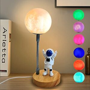 3d moon astronaut desk lamp led 7 color ubs wire control spaceman bedside night light for kids decoration lights creative ornaments for bedroom gaming room idea great gift for children boys girls (a)