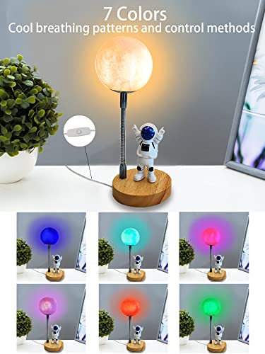 3D Moon Astronaut Desk Lamp LED 7 Color UBS wire control Spaceman Bedside Night light for Kids Decoration Lights Creative Ornaments for Bedroom Gaming Room Idea Great Gift for Children Boys Girls (A)