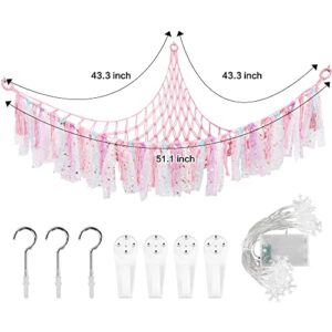 Stuffed Animal Net or Hammock with LED Light, Toy Hammock Hanging Stuffed Animal Storage Organizer Holder Room Décor with Tassels for Nursery Play Room Kids Bedroom (Pink)