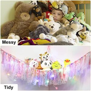 Stuffed Animal Net or Hammock with LED Light, Toy Hammock Hanging Stuffed Animal Storage Organizer Holder Room Décor with Tassels for Nursery Play Room Kids Bedroom (Pink)