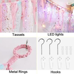 Stuffed Animal Net or Hammock with LED Light, Toy Hammock Hanging Stuffed Animal Storage Organizer Holder Room Décor with Tassels for Nursery Play Room Kids Bedroom (Pink)