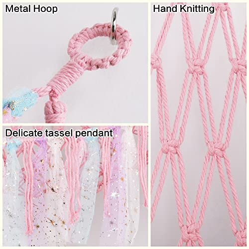 Stuffed Animal Net or Hammock with LED Light, Toy Hammock Hanging Stuffed Animal Storage Organizer Holder Room Décor with Tassels for Nursery Play Room Kids Bedroom (Pink)