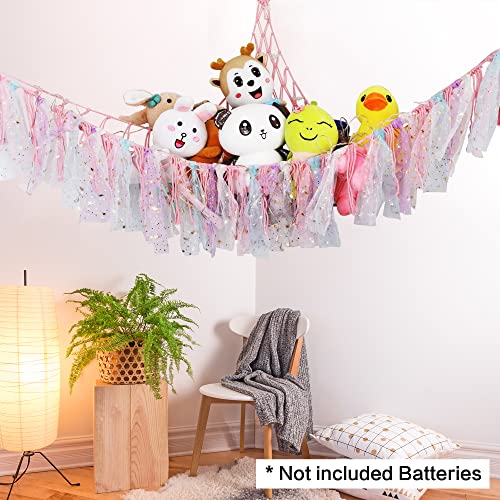 Stuffed Animal Net or Hammock with LED Light, Toy Hammock Hanging Stuffed Animal Storage Organizer Holder Room Décor with Tassels for Nursery Play Room Kids Bedroom (Pink)