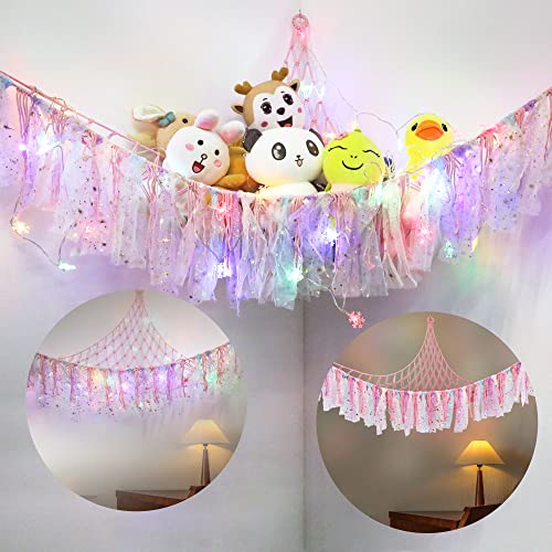 Stuffed Animal Net or Hammock with LED Light, Toy Hammock Hanging Stuffed Animal Storage Organizer Holder Room Décor with Tassels for Nursery Play Room Kids Bedroom (Pink)