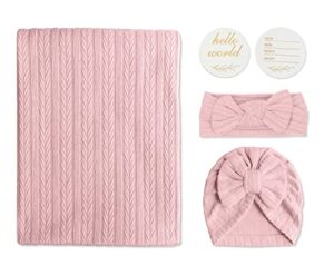 baby blankets,5pcs security blanket for babies - swaddle adjustable wearable blanket, 5pcs newborn accessories set with hello world wooden birth announcement card, baby blankets for girls (pink)