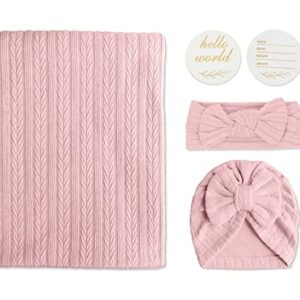 Baby Blankets,5PCS Security Blanket for Babies - Swaddle Adjustable Wearable Blanket, 5pcs Newborn Accessories Set with Hello World Wooden Birth Announcement Card, Baby Blankets for Girls (Pink)