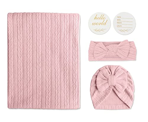 Baby Blankets,5PCS Security Blanket for Babies - Swaddle Adjustable Wearable Blanket, 5pcs Newborn Accessories Set with Hello World Wooden Birth Announcement Card, Baby Blankets for Girls (Pink)