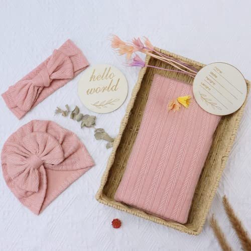 Baby Blankets,5PCS Security Blanket for Babies - Swaddle Adjustable Wearable Blanket, 5pcs Newborn Accessories Set with Hello World Wooden Birth Announcement Card, Baby Blankets for Girls (Pink)