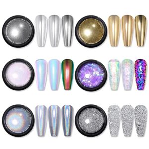 BORN PRETTY Chrome Powder Holographic Nail Art Powder Auroras Mermaid Pearl Nail Powder Reflective Glitter Manicure Pigment 6 Boxes