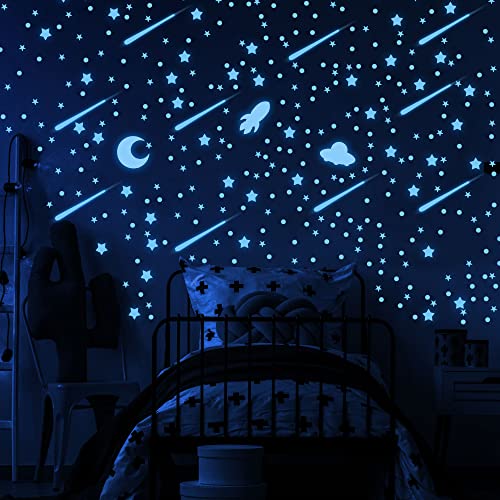 Glow in The Dark Stars for Ceiling, Outer Space Blue Wall Stickers,Galaxy Universe Wall Decal Shooting Stars Rockets,508 Pcs for Kids Boys Girls Bedroom Nursery Playroom Room Decoration