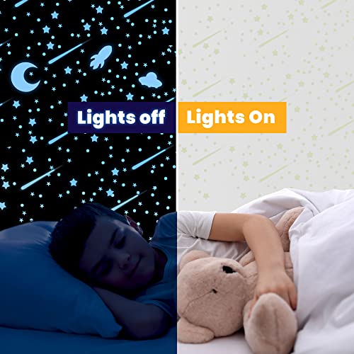 Glow in The Dark Stars for Ceiling, Outer Space Blue Wall Stickers,Galaxy Universe Wall Decal Shooting Stars Rockets,508 Pcs for Kids Boys Girls Bedroom Nursery Playroom Room Decoration