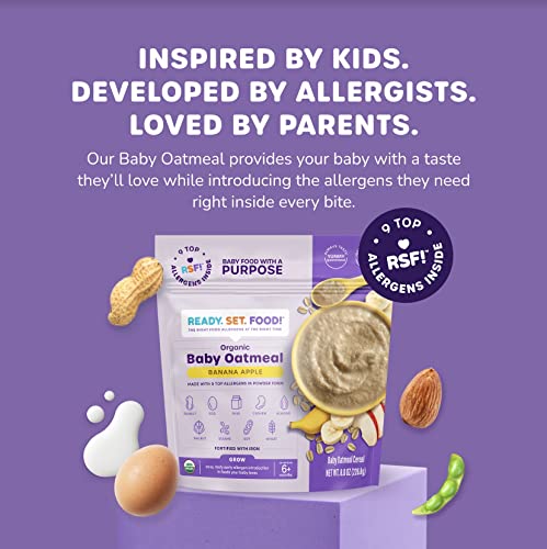 Ready, Set, Food! Organic Baby Oatmeal Cereal | Banana Apple | Organic Baby Food with 9 Top Allergens: Peanut, Egg, Milk, Cashew, Almond, Walnut, Sesame, Soy & Wheat | Unsweetened | Fortified with Iron | 15 Servings