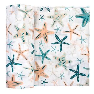 swaddle blanket neutral 100% cotton luxury muslin for newborns baby girls and boys blue beige starfish