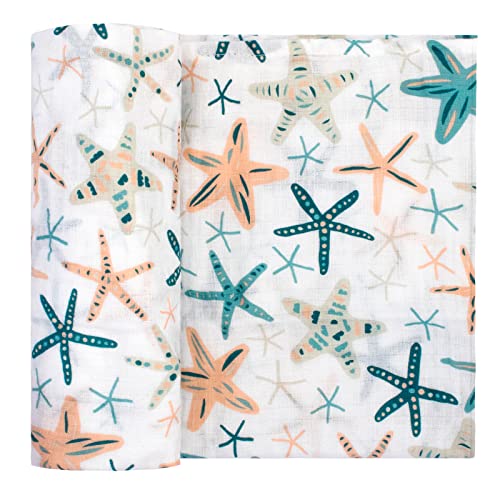 Swaddle Blanket Neutral 100% Cotton Luxury Muslin for Newborns Baby Girls and Boys Blue Beige Starfish