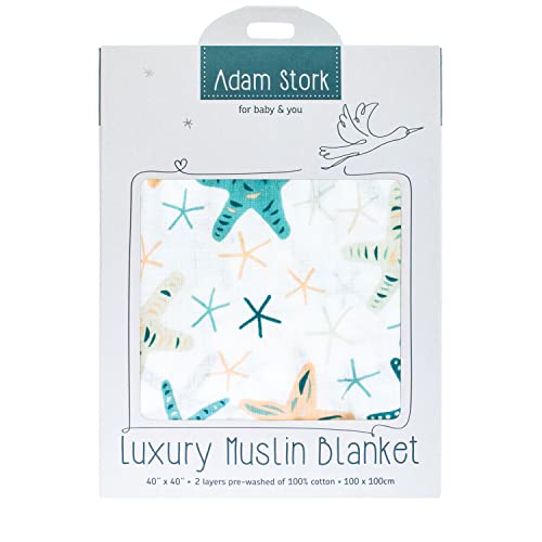 Swaddle Blanket Neutral 100% Cotton Luxury Muslin for Newborns Baby Girls and Boys Blue Beige Starfish