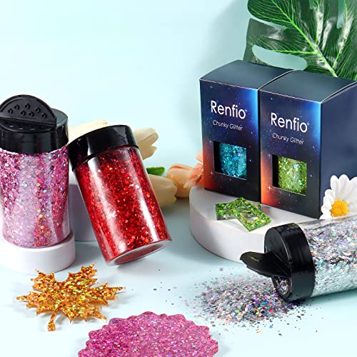 Renfio Holographic Chunky Glitter, 5.64 Oz 160g Extra Fine Glitter Powder Mixed Chunky PET Flake Sequins Bulk for Nail Art Resin Crafts Painting Festival Decor Slime Tumbler Candle - Laser Black