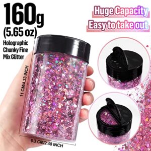 Renfio Holographic Chunky Glitter, 5.64 Oz 160g Extra Fine Glitter Powder Mixed Chunky PET Flake Sequins Bulk for Nail Art Resin Crafts Painting Festival Decor Slime Tumbler Candle - Laser Black
