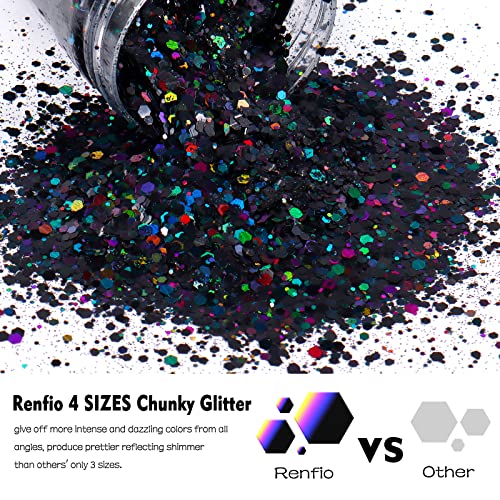 Renfio Holographic Chunky Glitter, 5.64 Oz 160g Extra Fine Glitter Powder Mixed Chunky PET Flake Sequins Bulk for Nail Art Resin Crafts Painting Festival Decor Slime Tumbler Candle - Laser Black