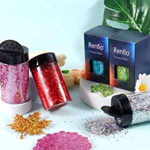 Renfio Holographic Chunky Glitter, 5.64 Oz 160g Extra Fine Glitter Powder Mixed Chunky PET Flake Sequins Bulk for Nail Art Resin Crafts Painting Festival Decor Slime Tumbler Candle - Laser Green