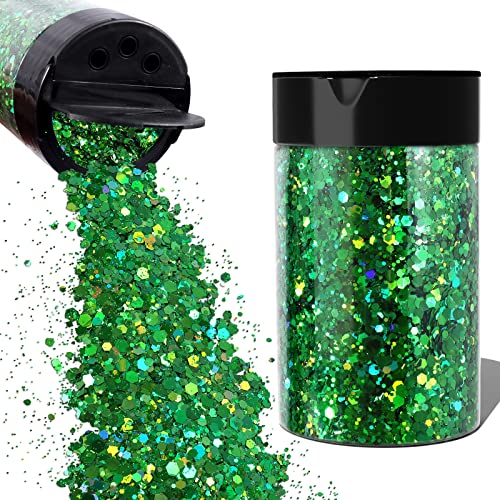 Renfio Holographic Chunky Glitter, 5.64 Oz 160g Extra Fine Glitter Powder Mixed Chunky PET Flake Sequins Bulk for Nail Art Resin Crafts Painting Festival Decor Slime Tumbler Candle - Laser Green