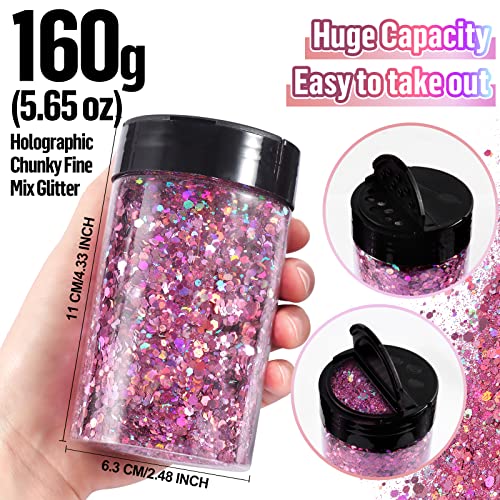 Renfio Holographic Chunky Glitter, 5.64 Oz 160g Extra Fine Glitter Powder Mixed Chunky PET Flake Sequins Bulk for Nail Art Resin Crafts Painting Festival Decor Slime Tumbler Candle - Laser Green