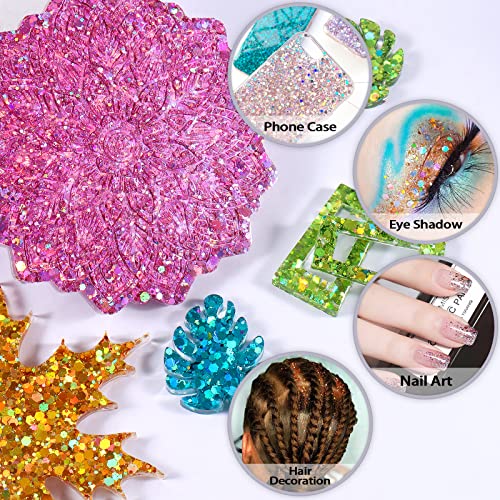 Renfio Holographic Chunky Glitter, 5.64 Oz 160g Extra Fine Glitter Powder Mixed Chunky PET Flake Sequins Bulk for Nail Art Resin Crafts Painting Festival Decor Slime Tumbler Candle - Laser Green