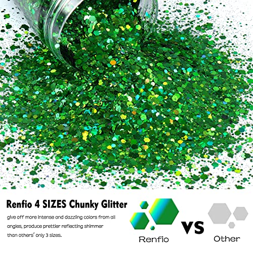 Renfio Holographic Chunky Glitter, 5.64 Oz 160g Extra Fine Glitter Powder Mixed Chunky PET Flake Sequins Bulk for Nail Art Resin Crafts Painting Festival Decor Slime Tumbler Candle - Laser Green