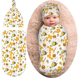 honey bee baby stuff swaddle blanket hat set,soft and stretchy infant receiving blanket for newborn, swaddle sack wrap for boy/girl