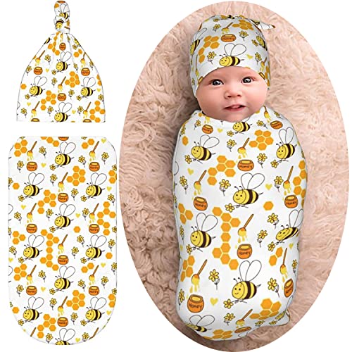 Honey Bee Baby Stuff Swaddle Blanket Hat Set,Soft and Stretchy Infant Receiving Blanket for Newborn, Swaddle Sack Wrap for Boy/Girl