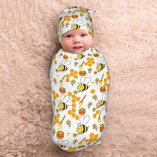 Honey Bee Baby Stuff Swaddle Blanket Hat Set,Soft and Stretchy Infant Receiving Blanket for Newborn, Swaddle Sack Wrap for Boy/Girl