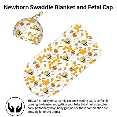 Honey Bee Baby Stuff Swaddle Blanket Hat Set,Soft and Stretchy Infant Receiving Blanket for Newborn, Swaddle Sack Wrap for Boy/Girl