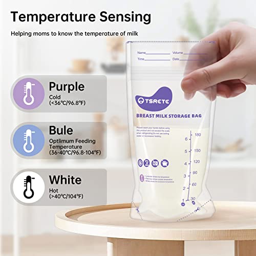 TSRETE Breastmilk Storage Bags Temperature Sensing Discoloration - 60 Count Leak Proof Double Zipper Seal Self Standing Breastmilk Bags for Breastfeeding, Space Saving for Refrigeration - 6 OZ/180ml