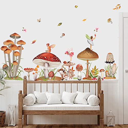 decalmile Woodland Mushroom Wall Decals Fairy Fall Leaf Wall Stickers Girls Bedroom Living Room Kitchen Wall Door Decor