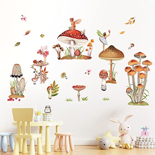 decalmile Woodland Mushroom Wall Decals Fairy Fall Leaf Wall Stickers Girls Bedroom Living Room Kitchen Wall Door Decor