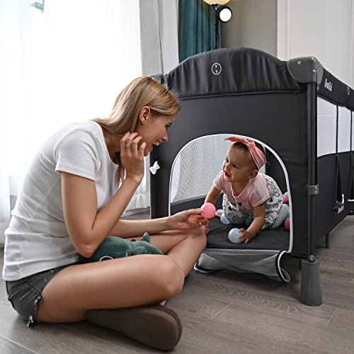 AIEGLE Baby Bassinet Bedside Sleeper, 5-in-1 Full-Size Infant Bassinet Bed Side Crib with Comfy Mattress & Hanging Toys, Portable Travel Crib with Wheels for Baby Infant Newborn, in Dark Grey