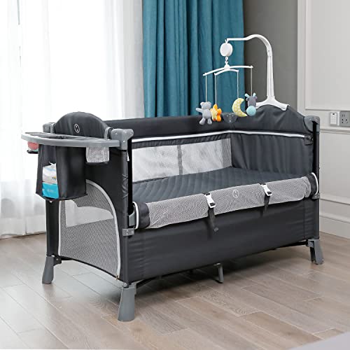 AIEGLE Baby Bassinet Bedside Sleeper, 5-in-1 Full-Size Infant Bassinet Bed Side Crib with Comfy Mattress & Hanging Toys, Portable Travel Crib with Wheels for Baby Infant Newborn, in Dark Grey